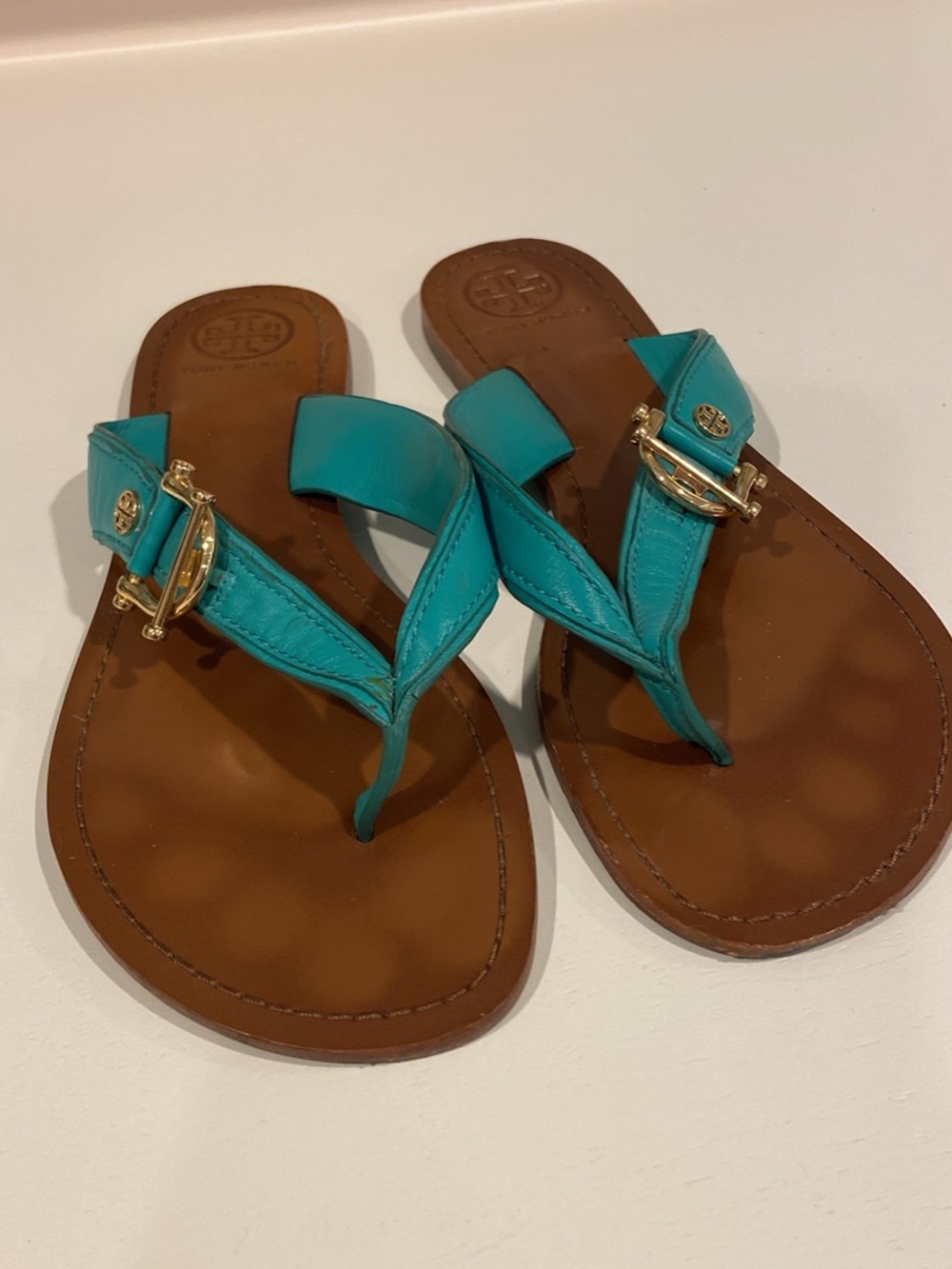 Tory Burch Teal Leather Thong Sandals with Gold Logo Accents
